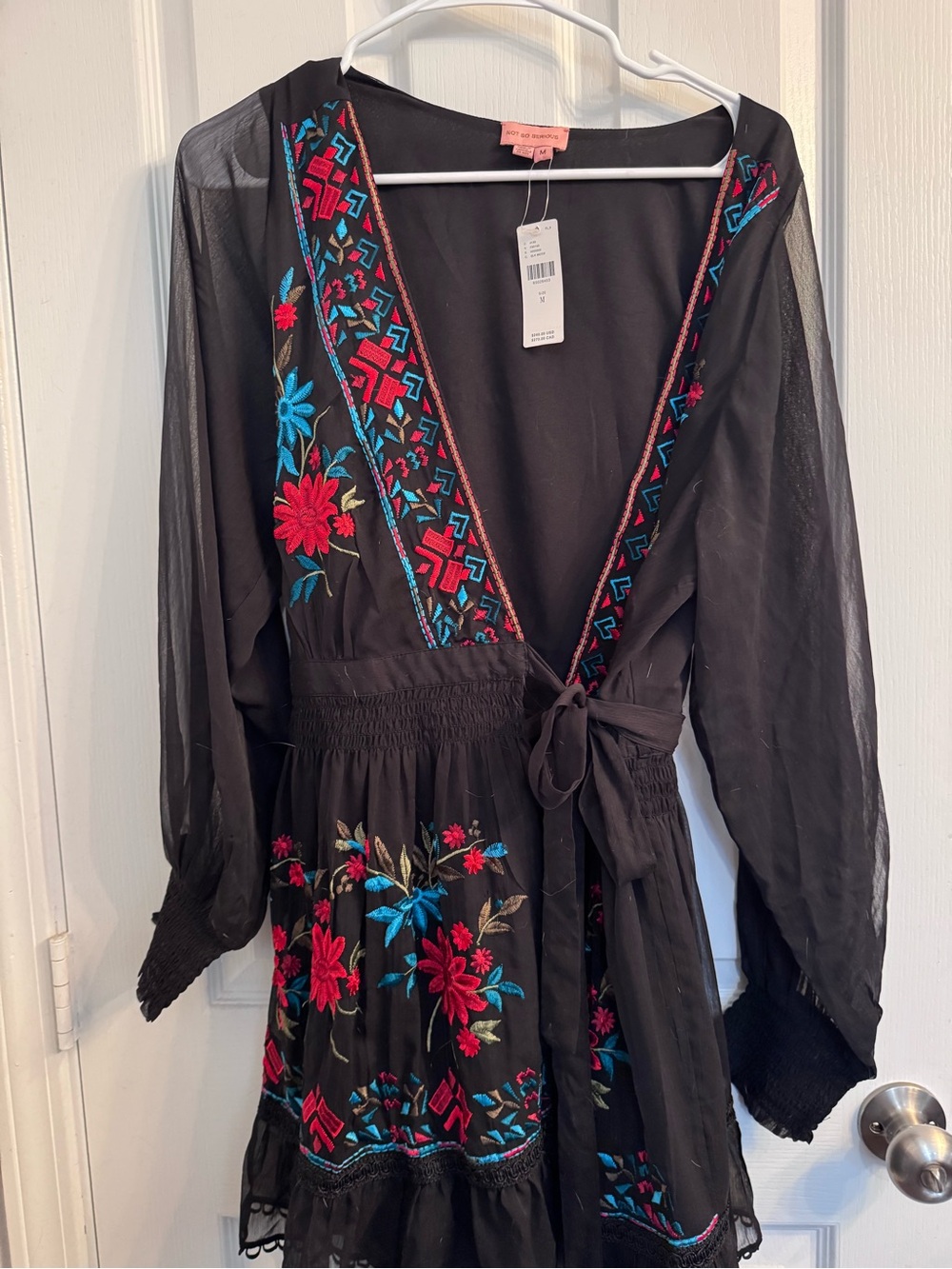 Anthropologie Embroidered Black Floral Wrap Dress